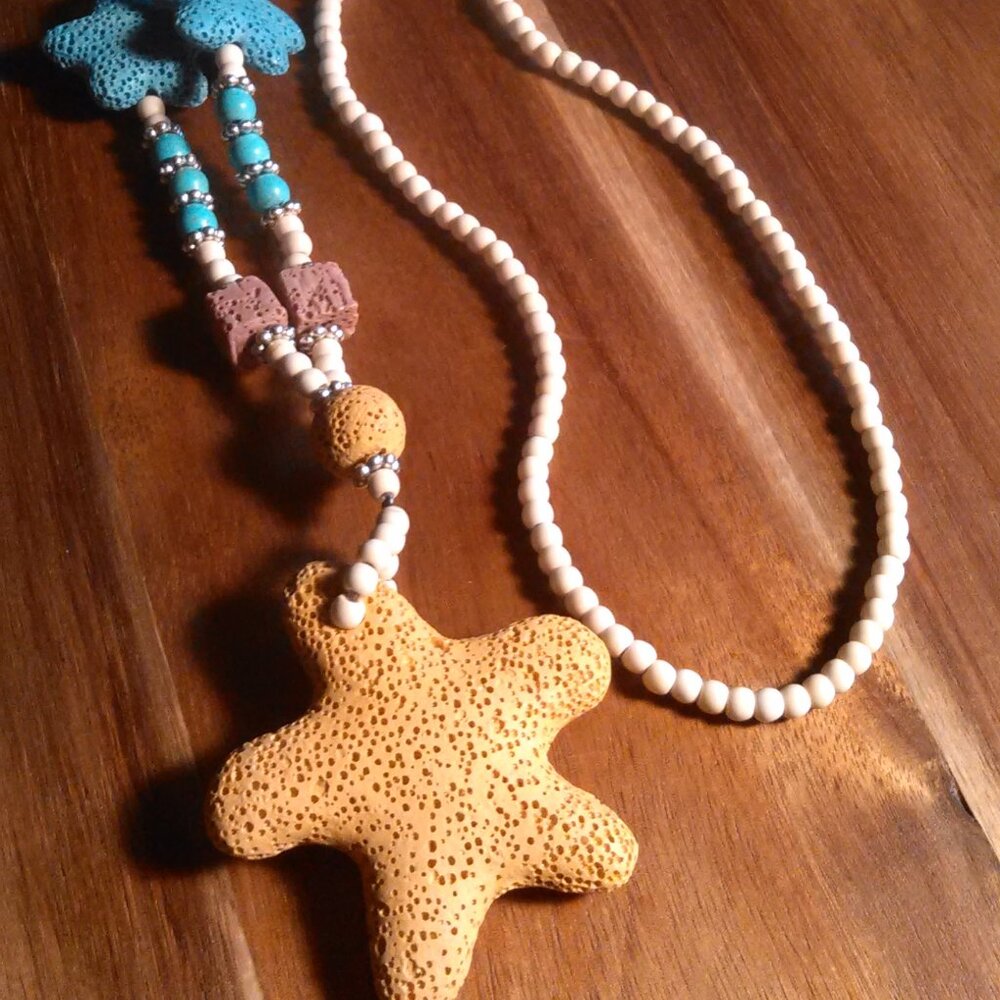 Orange Starfish Lava Stone with White and Blue Howlite Necklace (28 Inch)